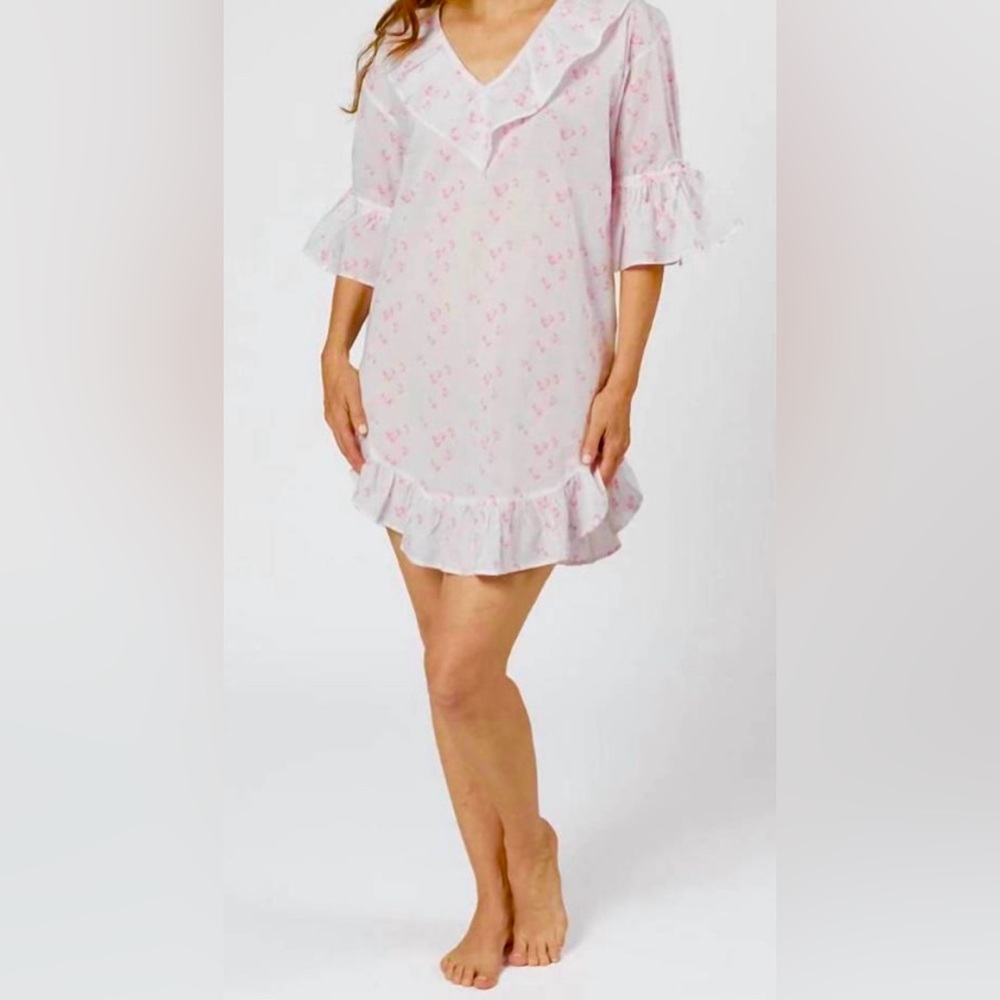 NWT Lenora Lily Cotton Poet Nightshirt In Pink Floral— Size Small 100% Cotton